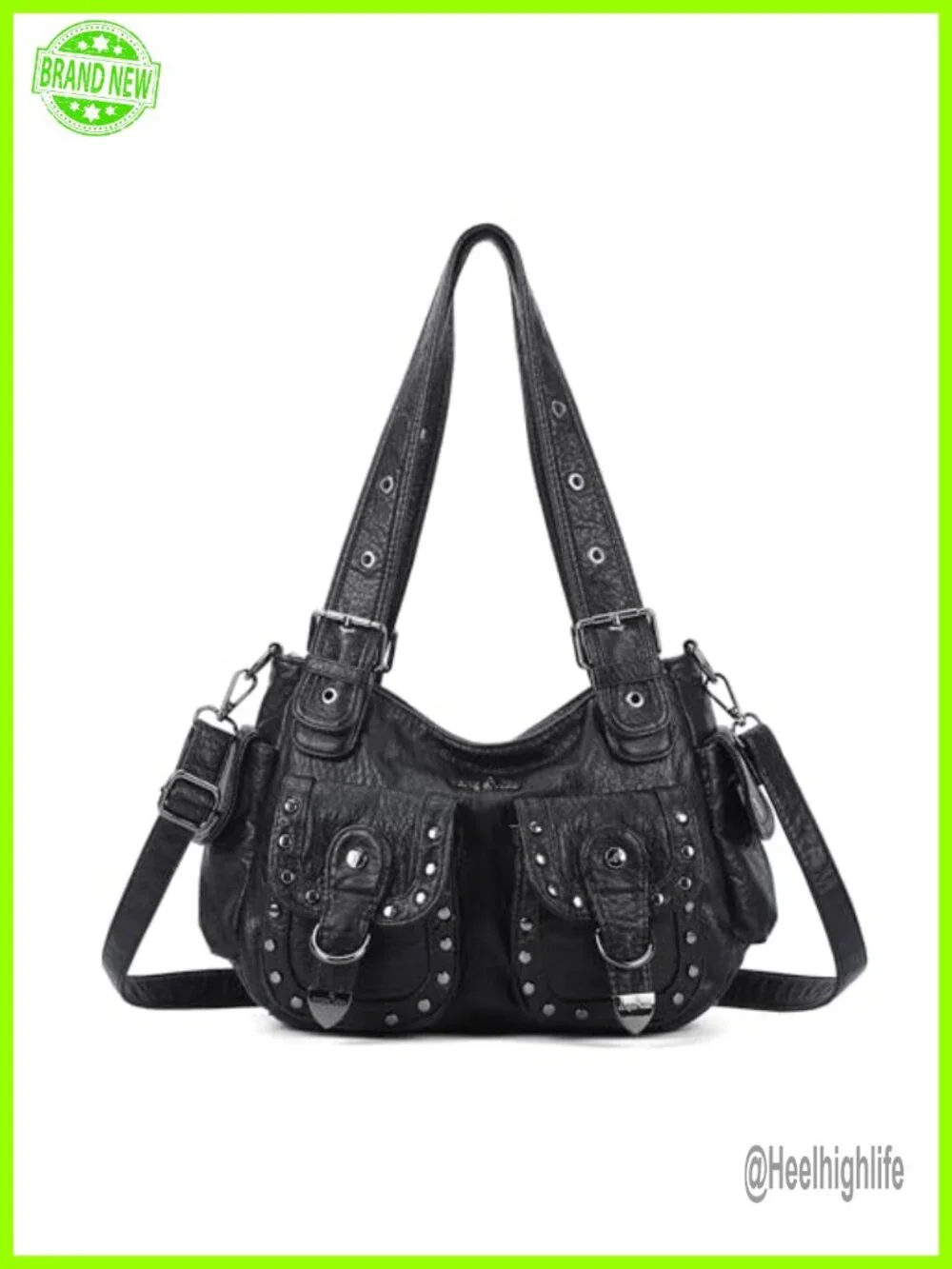 Vegan Leather Hobo Bag Multi Pocket Studded Shoulder Tote Y2K
